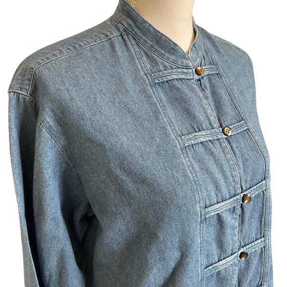 J. Jill Shirt Blouse Top Sz Petite Small Blue Denim Mandarin Coller 100% Cotton - Picture 4 of 9